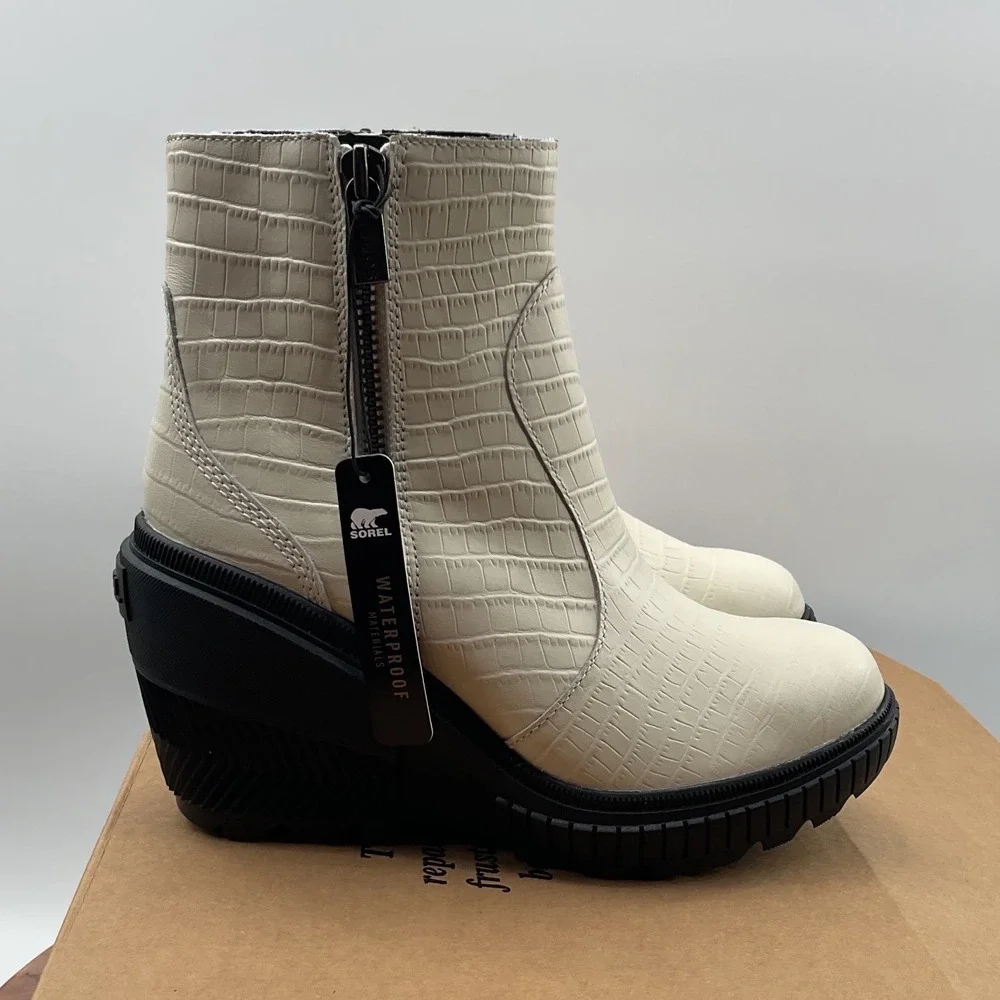Sorel Brex Boot Lace-Free Waterproof Wedge Zip Croc Leather Chalk NL5148-191 8